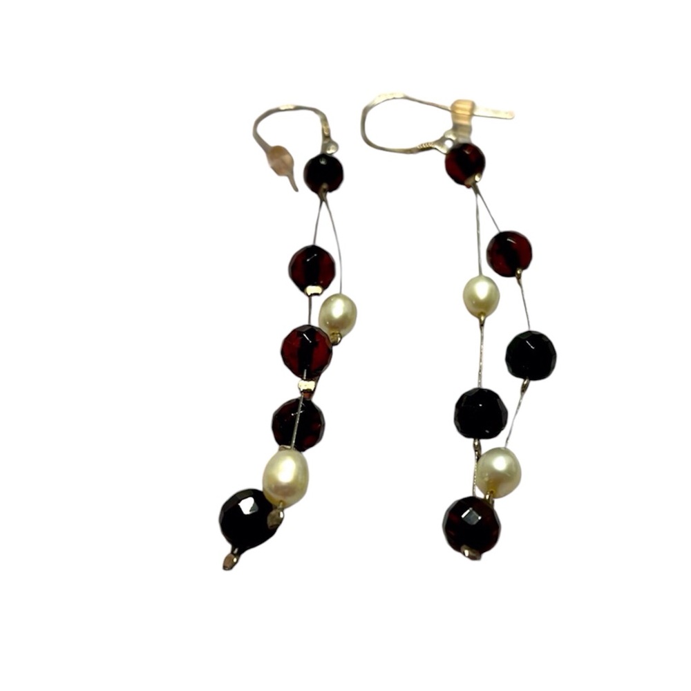 Dark Amber Beads and Faux Pearls Dangle Earrings pre owned